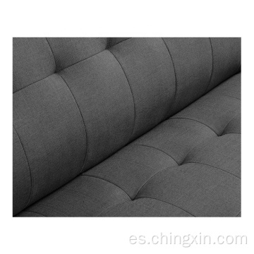 Sofá de ocio de tela gris de tres asientos con patas de madera maciza